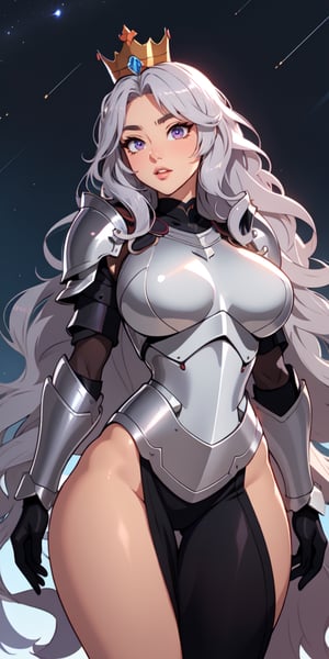 1girl, Long Hair, Midnight Black Hair, Wavy Hair, Curvy, ((Large Eyes)), Dark Violet Eyes, (Tanned), ((Silver_Crown)), ((Black_Armor)), Rosy Lips
