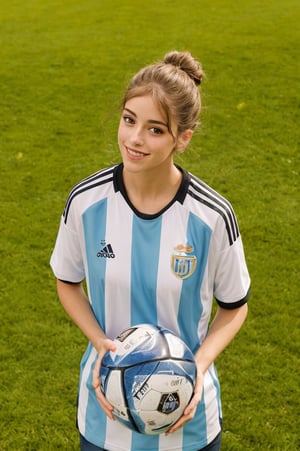 a beautiful girl, Tini Stoessel, holding a ball, brown eyes, dramatic lighting, medium hair, brunette, messy bun, detailed face, detailed nose, stripes t-shirt, visible neck, sporty t-shirt, soccer team t-shirt, plain t-shirt, short sleeves, tight sleeves, tight t-shirt, Argentina Football Association logo on the top right of the -shirt, freckles, beautiful smile, pink lips, realism, realistic, raw, analog, woman, portrait, photorealistic, realism, top body, top body shot, eyes looking at viewer, eyes looking at the camera