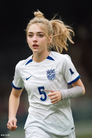 a beautiful girl, Imogen Poots, green eyes, dramatic lighting, medium hair, messy bun, detailed face, detailed nose, visible neck, sporty t-shirt, soccer team t-shirt, number "5" is written on the chest, short sleeves, tight sleeves, tight t-shirt, freckles, beautiful smile, pink lips, realism, realistic, raw, analog, woman, portrait, photorealistic, realism, top body, top body shot