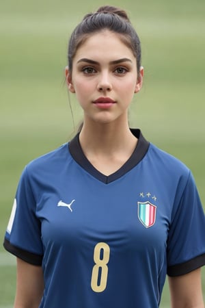 a beautiful girl, Valentina Nappi, brown eyes, dramatic lighting, medium hair, messy bun, detailed face, delicate face, visible cheek bones, detailed nose, delicate smile, visible neck, sporty t-shirt, soccer team t-shirt, number "8" is written on the chest, Italy flag is on the right chest, short sleeves, tight sleeves, tight t-shirt, smirk, pink lips, parting lips, big boobs, realism, realistic, raw, analog, woman, portrait, photorealistic, realism, top body, top body shot, eyes looking softly at viewer, eyes looking softly at the camera, football field in the background