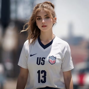 a beautiful girl, 18 years old, Chrissy Costanza, brown eyes, beautiful eyes, big eyes, dramatic lighting, medium hair with a little bangs, messy bun, detailed face, cute face, parting lips, cute smile, detailed nose, visible neck, delicate face, pink lips, sporty t-shirt, USA soccer team t-shirt, white plain t-shirt with navy color around the neck and a number "13" is written on the chest, Nike logo on the t-shirt's left side, short sleeves, tight sleeves, tight t-shirt, medium boobs, realism, realistic, raw, analog, woman, portrait, photorealistic, realism, top body, top body shot, eyes glance at the viewer, football field in the background