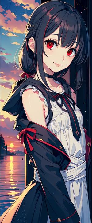 red eyes, black hair, girl, tender expression, ((long hair)), (dinamic pose), long bangs, centered, digital art, | sky, heavenly clouds, constellations, sky, clouds, heaven, mystical, psycodelic, | (saturated colors:1.2), sunset, bokeh, depth of field, | , hands in pockets, small breasts, slender body, stopped in a puddle, slight smile,twitch emoji, (Upper body), red coak with hood,ff14bg, ((white dress with ruffles)), light smile, red ribbon at the waist,defBernie, black jacket,miyako,hair bow,ponytail,frilled