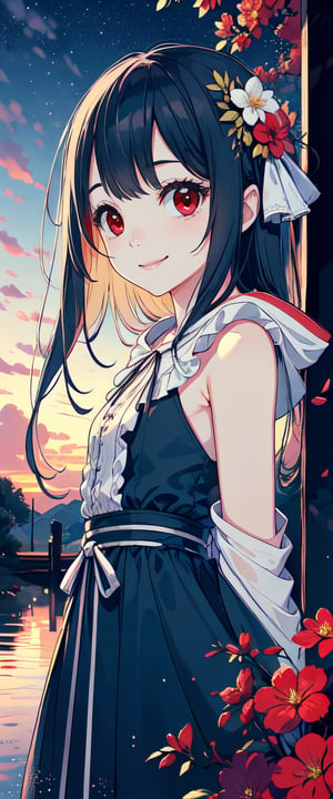red eyes, black hair, girl, tender expression, ((long hair)), (dinamic pose), long bangs, centered, digital art, | sky, heavenly clouds, constellations, sky, clouds, heaven, mystical, psycodelic, | (saturated colors:1.2), sunset, bokeh, depth of field, | , hands in pockets, small breasts, slender body, stopped in a puddle, slight smile,twitch emoji, (Upper body), red coak with hood,ff14bg, ((white dress with ruffles)), light smile