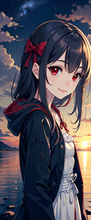 red eyes, black hair, girl, tender expression, ((long hair)), (dinamic pose), long bangs, centered, digital art, | sky, heavenly clouds, constellations, sky, clouds, heaven, mystical, psycodelic, | (saturated colors:1.2), sunset, bokeh, depth of field, | , hands in pockets, small breasts, slender body, stopped in a puddle, slight smile,twitch emoji, (Upper body), red coak with hood,ff14bg, ((white dress with ruffles)), light smile, red ribbon at the waist,defBernie, black jacket,miyako,hair bow