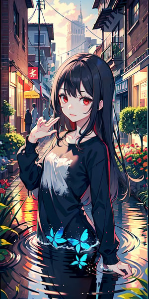 red eyes, ((black hair)), girl, tender expression, long hair, (dinamic pose), black long sleeves, long bangs, small breasts, slender body, slight smile, garden, blue butterflies, white largue t-shirt, black short, lock of red hair, evening, stop in puddle of water