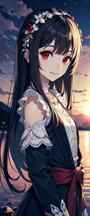 red eyes, black hair, girl, tender expression, ((long hair)), (dinamic pose), long bangs, centered, digital art, | sky, heavenly clouds, constellations, sky, clouds, heaven, mystical, psycodelic, | (saturated colors:1.2), sunset, bokeh, depth of field, | , hands in pockets, small breasts, slender body, stopped in a puddle, slight smile,twitch emoji, (Upper body), red coak with hood,ff14bg, ((white dress with ruffles)), light smile, red ribbon at the waist,defBernie, black jacket