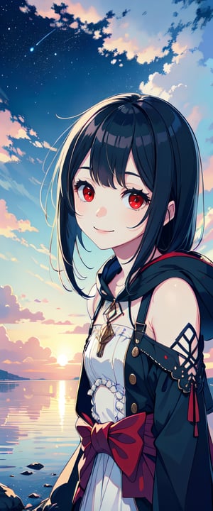 red eyes, black hair, girl, tender expression, ((long hair)), (dinamic pose), long bangs, centered, digital art, | sky, heavenly clouds, constellations, sky, clouds, heaven, mystical, psycodelic, | (saturated colors:1.2), sunset, bokeh, depth of field, | , hands in pockets, small breasts, slender body, stopped in a puddle, slight smile,twitch emoji, (Upper body), red coak with hood,ff14bg, ((white dress with ruffles)), light smile, red ribbon at the waist