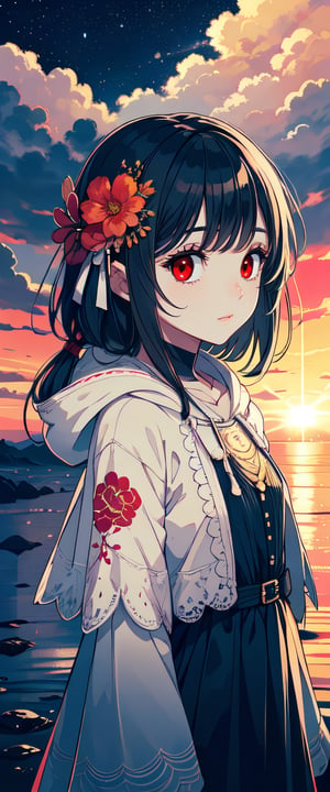 red eyes, black hair, girl, tender expression, long hair, (dinamic pose), long bangs, centered, digital art, | sky, heavenly clouds, constellations, sky, clouds, heaven, mystical, psycodelic, | (saturated colors:1.2), sunset, bokeh, depth of field, | , hands in pockets, small breasts, slender body, stopped in a puddle, slight smile,twitch emoji, (Upper body), red coak with hood,ff14bg, ((white dress with ruffles))