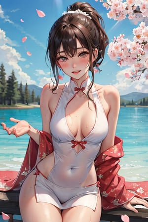 1girl, beautiful eyes, parted lips, blush, makeup, light smile, lake, (flower field background), flower petals flying, sky, beautiful sky, colorful sky, clouds, trees, sweat skin, wet skin, light rays, glow, thighs, collarbone, narrow waist, (masterpiece), ponytail, smiling, collarbone, narrow waist, medium breasts, sexy body, wallpaper,cheongsam,clevage