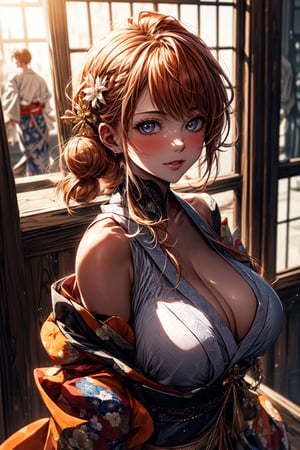 1girl, portrait of beautiful NamiOP, big breasts, looking at the viewer, solo, japanese_clothes, kimono,(side boobs), cleavage,bare_shoulders, sleeveless, sleeveless_kimono, shimenawa, looking_at_viewer, detailed eyes,bare_arms, orange_hair, orange_eyes, sexy posing, sky, volumetric lighting, daylight, bright, best quality, masterpiece, vibrant, intricate details, sharp focus, hyper-detailed, midjourney,nami