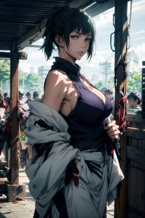 1girl, portrait of beautiful zenin_maki,, huge breasts, looking at the viewer, solo, japanese_clothes, kimono, cleavage cutout, bare_shoulders, sleeveless, sleeveless_kimono, clevage,looking_at_viewer, bare_arms, green_eyes, green_hair, serious, frown, sexy posing, sky, volumetric lighting, daylight, bright, best quality, masterpiece, vibrant, intricate details, sharp focus, hyper-detailed, beach, midjourney,cnc_cc,zenin_maki,