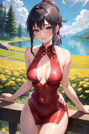 1girl, beautiful eyes, parted lips, blush, makeup, light smile, lake, (flower field background), flower petals flying, sky, beautiful sky, colorful sky, clouds, trees, sweat skin, wet skin, light rays, glow, thighs, collarbone, narrow waist, (masterpiece), ponytail, smiling, collarbone, narrow waist, medium breasts, sexy body, wallpaper,cheongsam,clevage