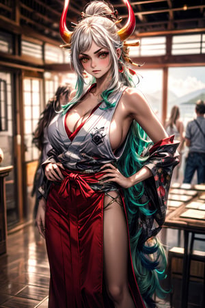 1girl, portrait of beautiful YamatoOP, huge breasts, looking at the viewer, solo, japanese_clothes, kimono,(side boobs), cleavage,bare_shoulders, sleeveless, sleeveless_kimono, shimenawa, looking_at_viewer, bare_arms, full body, (slit up to hips),v-shaped_eyebrows, hakama, closed_mouth, orange_eyes, aqua_hair, red_eyes, two-tone_hair,sexy posing, sky, volumetric lighting,daylight,bright, best quality, masterpiece, vibrant,intricate details, sharp focus, hyper-detailed,  beach,midjourney