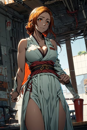 1girl, portrait of beautiful inoue orihime, big breasts, solo, japanese_clothes, kimono, (side boobs), cleavage, bare_shoulders, sleeveless, sleeveless_kimono, facing_the_viewer, bare_arms, (slit up to hips), revealing legs,  hakama, closed_mouth, orange_hair, orange_eyes, sexy posing, sky, volumetric lighting, daylight, bright, best quality, masterpiece, vibrant, intricate details, sharp focus, hyper-detailed,