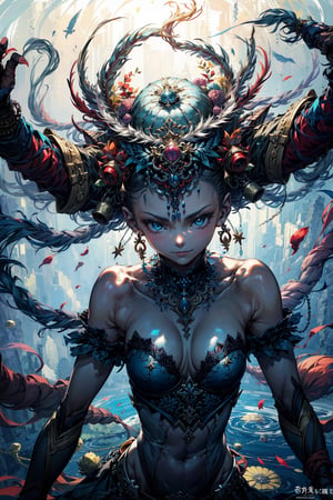  zhongfenghua, (1girl:1.2), (masterpiece, top quality, best quality, official art, beautiful and aesthetic:1.2), (geometric abstract background:1.4), esoteric, upper body,  depth of field(zentangle, mandala, tangle, entangle),  (floating colorful sparkles), (dynamic pose), (dynamic angle:1.4), glowing skin, elegant, a brutalist designed, vivid colors, romanticism, Samoan pond, Fluid Moving well-built girl, Fall, expressive brush strokes, Swirling, ,zhongfenghua