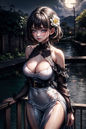 1girl, breast, moon, lantern, night, solo, room, hair accessory, wet, white gown with slit up to the hip, cleavage, wading, water, hair flower, flower, outdoor, sky, full moon, rain, brunette hair, not shoulders, mountain, cloud, holding, belt, bare shoulders, paper lantern, standing, white kimono, night sky, side chest, belt, wet clothes, bangs, tree, from front, reflection, short hair, cloudy sky, wet hair (((masterpiece), (very detailed CG Unity 8k wallpaper), best quality,, Solo, 1girl, cinematic lighting, detailed background, beautiful detailed eyes, bright pupils, (very delicate and beautiful), (beautiful and detailed eye description), super detailed, masterpiece,)),LuxuriousWheelsCostume,  silver dress