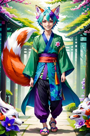 Enigma_Kitsune, solo, smile, 1boy, animal ears, red eyes, tail, upper body, blue hair, green hair, purple hair, gradient, multicolored hair, male focus, japanese clothes, wide sleeves, fox ears, fox tail, floral print, sandals, tassel, tabi official art, best quality, portrait,