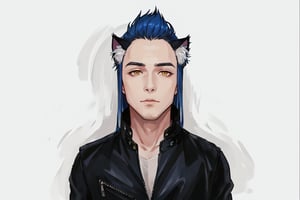 1boy, male focus, long blue hair, cat ears, animal ears, animal ear fluff, gold eyes, leather jacket, tshirt, portrait, upper body