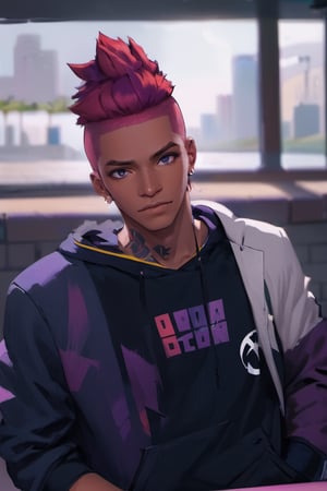 1boy, male focus, american, long hair, fluffy hair, two tone hair, purple hair, multicolored hair, red hair, navy blue hair, hooded jacket, tshirt, portrait, upper body, tattoos, anarchist vibes, clean shaven