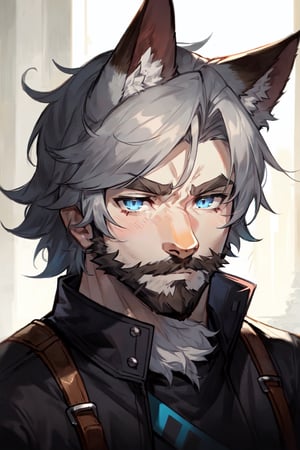 Andrew Bryant, 1boy, male focus, solo, two tone hair, grey hair, dusty brown hair, blue eyes, facial hair, beard, fox ears, silver fox vibes, gruff, dry looking skin, anthro, animal ears, animal ear fluff, furry, leather jacket with patches, detailed face, detailed eyes, detailed hair, tonemapping, ultra sharp, extremely detailed, side lighting, rim lighting, specular highlights,realistic