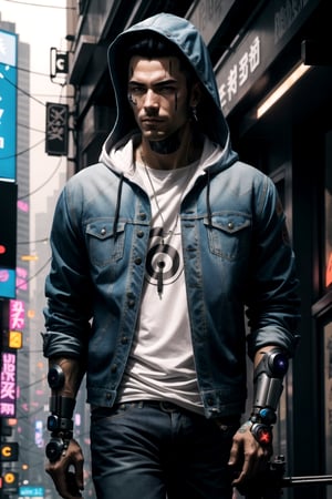 Cyberpunk Style, 1boy, black hair, city, cyberpunk, cyborg, denim, gun, hood, hood up, hooded jacket, jacket, jeans, jewelry, male focus, pants, solo, weapon