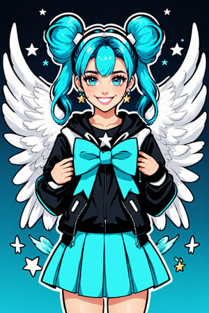 ZipFile Comi Style, 1girl, solo, long hair, looking at viewer, blush, smile, blue eyes, skirt, shirt, hair ornament, bow, twintails, jewelry, jacket, upper body, pleated skirt, earrings, parted lips, open clothes, wings, hood, bowtie, hair bun, star (symbol), sweatdrop, aqua eyes, open jacket, lips, parted bangs, sparkle, double bun, aqua hair, hoodie, blue bow, hood down, crescent, feathered wings, hooded jacket, angel wings, circlet, white wings, crescent earrings, 