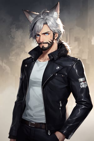 Andrew Bryant, 1boy, male focus, solo, two tone hair, grey hair, dusty brown hair, blue eyes, facial hair, beard, fox ears, silver fox vibes, gruff, dry looking skin, anthro, animal ears, animal ear fluff, furry, leather jacket with patches, detailed face, detailed eyes, detailed hair, tonemapping, ultra sharp, extremely detailed, side lighting, rim lighting, specular highlights,