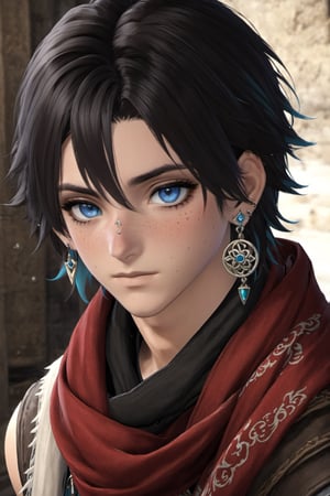 Khitli Viera, 1boy, male focus, solo, looking at viewer, short hair, blue eyes, black hair, jewelry, closed mouth, earrings, scarf, tattoo, facial mark, portrait, freckles, red scarf, 
