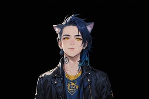 1boy, male focus, long hair, fluffy hair, navy blue hair, cat ears, animal ears, animal ear fluff, gold eyes, leather jacket, tshirt, portrait, upper body, tattoos, anarchist vibes, clean shaven