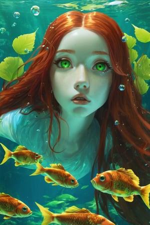 1girl, solo, long hair, looking at viewer, green eyes, red hair, parted lips, water, lips, leaf, looking up, monster girl, partially submerged, freckles, fish, underwater, air bubble,