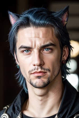 Khit'li L'ocar, beard, blue eyes, blue hair, purple hair, stubble, cat boy, closed mouth, earrings, facial hair, jewelry, looking at viewer, multicolored hair, portrait, red eyes, realistic