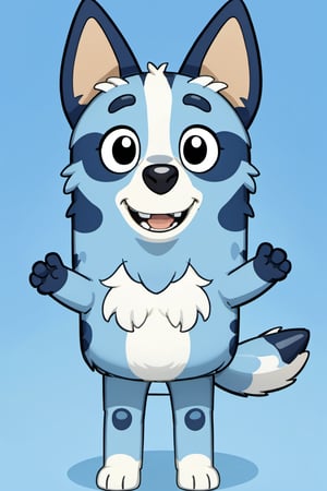 Bluey Style, Bluey Irwin Chibi, blue heeler, blue fur,  solo, looking at viewer, smile, open mouth, simple background, 1boy, animal ears, standing, tail, full body, male focus, black eyes, arms up, blue background, happy, outstretched arms, furry, furry male, body fur, animal nose, two-tone fur, blue fur