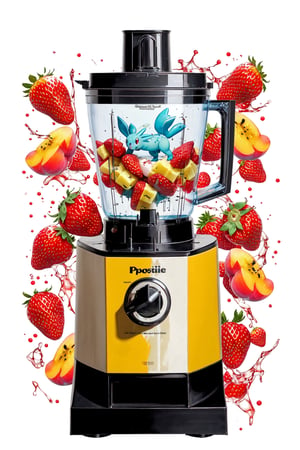 Liquified Carbuncle,pokémon creature stuck in food processor, Squirtle, strawberry, banana, peaches, water splashes, liquid splatter, ink splotches, ultra sharp, masterpiece, official art, horror scene, specular highlights, kitchen scene, graphic advertisement in a magazine