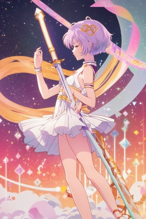 1girl, solo, short hair, dress, ribbon, holding, closed eyes, weapon, purple hair, multicolored hair, frills, holding weapon, white dress, gradient hair, profile, magical girl, polearm, cross-laced footwear, spear, holding polearm, ankle lace-up, art nouveau, tomoe hotaru
