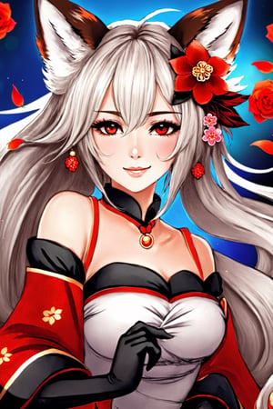 Enigma_Kitsune, 1girl, solo, long hair, looking at viewer, smile, hair ornament, red eyes, gloves, long sleeves, dress, holding, animal ears, medium breasts, very long hair, tail, flower, white hair, grey hair, parted lips, black gloves, puffy sleeves, hair flower, black dress, collar, from side, animal ear fluff, looking to the side, petals, fox ears, makeup, fox tail, facial mark, juliet sleeves, black background, red flower, fox girl, multiple tails, eyeshadow, red rose, forehead mark, holding flower, sideways glance, black kimono, falling petals, kitsune, red eyeshadow, red eyeliner, official art, specular highlights