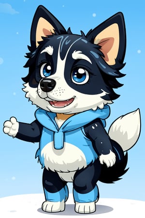 Bluey Style, Bluey Irwin Chibi, blue heeler, two-tone fur,   blue fur, white fur, solo, looking at viewer, smile, open mouth, simple background, 1girl, animal ears, standing, tail, full body, black eyes, arms up, blue background, happy, outstretched arms, furry, furry girl, body fur, animal nose, 