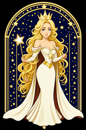 Art Nouveau Style, 1girl, solo, long hair, blue eyes, blonde hair, dress, jewelry, very long hair, full body, puffy sleeves, star (symbol), cape, crown, curly hair, circlet, wand, princess, gown