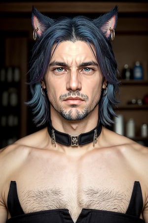 Khit'li L'ocar, beard, blue eyes, blue hair, purple hair, stubble, cat boy, closed mouth, earrings, facial hair, jewelry, looking at viewer, multicolored hair, portrait, red eyes, realistic