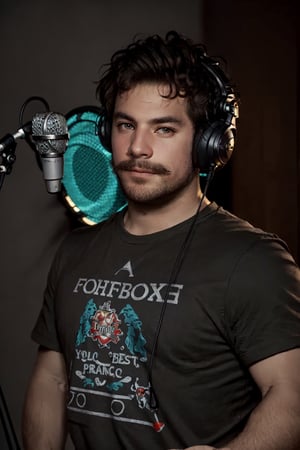 Dewey Finn, (masterpiece, best quality, ultra-detailed, highres),male focus, facial hair, 1boy,((solo focus)), male focus, facial hair, solo, shirt, microphone, headphones, black shirt, beard, meme, upper body, looking at viewer, microphone stand, black hair, t-shirt, mustache, short sleeves, :) , official art, masterpiece, extreme light and shadow, rim lighting, film quality