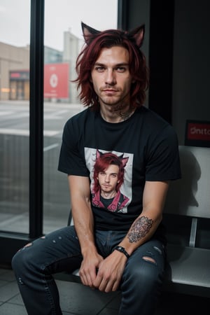 (masterpiece,extreme light and shadow), 1boy, solo, (male focus:.7),red hair, facial hair, beard, red hair, red eyes, stubble, cat ears, animal ears, animal ear fluff, specular highlights, detailed eyes, detailed face, textured skin, textured hair, depth of field, (mature), perfect face, side lighting, lustrous skin,(bloom), (shine), wearing a black and pink anime tshirt, denim jeans, goth makeup, wristband, emo punk style, (punk:1.5), jewelry,, depth of field, tattoos, shy, sitting on a bench in a shopping mall, (indoor lighting:1.2), wind swept hair, (sidelighting), (volumetric lighting)