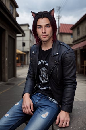 Chris_Xvoor, 1boy, male focus, solo, looking at viewer,, blue eyes, black hair, animal ears, sitting, jacket, red hair, outdoors, day, pants, cat ears, blurry, black jacket, torn clothes, blurry background, denim, jeans, leather, torn pants, leather jacket, torn jeans, denim jacket, upper body, specular highlights, detailed face, detailed eyes, detailed hair, textured hair, rim lighting, extreme light and shadow, masterpiece, official art, portrait