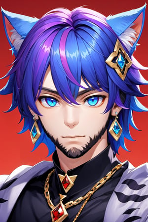  cat boy,beard, blue eyes, blue hair, purple hair, stubble, cat boy, closed mouth, earrings, facial hair, jewelry, looking at viewer, multicolored hair, portrait, red eyes