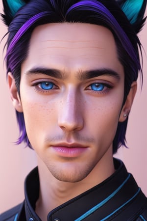 Maverick Ellis Rowe, 1boy, male focus, solo, looking at viewer, short hair, blue eyes, black hair, animal ears, jacket, purple hair, parted lips, cat ears, lips, colored sclera, freckles, realistic, nose, 