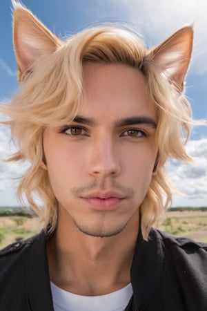 Phoenix Montoya, blonde hair, male focus, brown eyes, cat ears, animal ears, day, lips, looking at viewer, first person view, outdoors, sky, solo