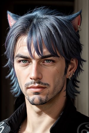 Khit'li L'ocar, beard, blue eyes, blue hair, purple hair, stubble, cat boy, closed mouth, earrings, facial hair, jewelry, looking at viewer, multicolored hair, portrait, red eyes, realistic