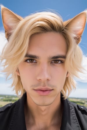 Phoenix Montoya, blonde hair, male focus, brown eyes, cat ears, animal ears, day, lips, looking at viewer, first person view, outdoors, sky, solo