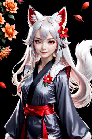 Enigma_Kitsune, 1girl, solo, long hair, looking at viewer, smile, hair ornament, red eyes, gloves, long sleeves, dress, holding, animal ears, medium breasts, very long hair, tail, flower, white hair, grey hair, parted lips, black gloves, puffy sleeves, hair flower, black dress, collar, from side, animal ear fluff, looking to the side, petals, fox ears, makeup, fox tail, facial mark, juliet sleeves, black background, red flower, fox girl, multiple tails, eyeshadow, red rose, forehead mark, holding flower, sideways glance, black kimono, falling petals, kitsune, red eyeshadow, red eyeliner, official art, specular highlights