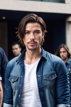 Michael Renne X'voor, solo, brown hair, shirt, 1boy, jacket, upper body, male focus, facial hair, denim, stubble