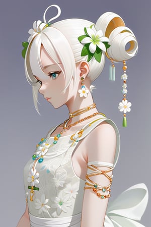 art nouveau,1girl, solo, flower, double bun, lily \(flower\), jewelry, hair bun, long hair, twintails, staff, crescent, white hair, beads, holding, dress, facial mark, gem, white dress, upper body, earrings, bead bracelet, bracelet, crescent facial mark, colored skin, holding staff, white flower