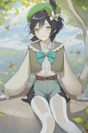 1boy, male focus, solo, hat, braid, green headwear, multicolored hair, gradient hair, butterfly, pantyhose, long sleeves, outdoors, bug, blue hair, black hair, leaf, bangs, bow, twin braids, cape, green eyes, frilled sleeves, shorts, beret, sitting, sky, day, green shorts, tree, smile, flower, shirt, cloud, white shirt, green cape, white flower, frills, short hair with long locks, white pantyhose, collared cape, corset, closed mouth, side braids, argyle, cloudy sky, jewelry, in tree, argyle legwear, collared shirt, vision \(genshin impact\), sidelocks, looking at viewer, sitting in tree, blue sky, androgynous, gem